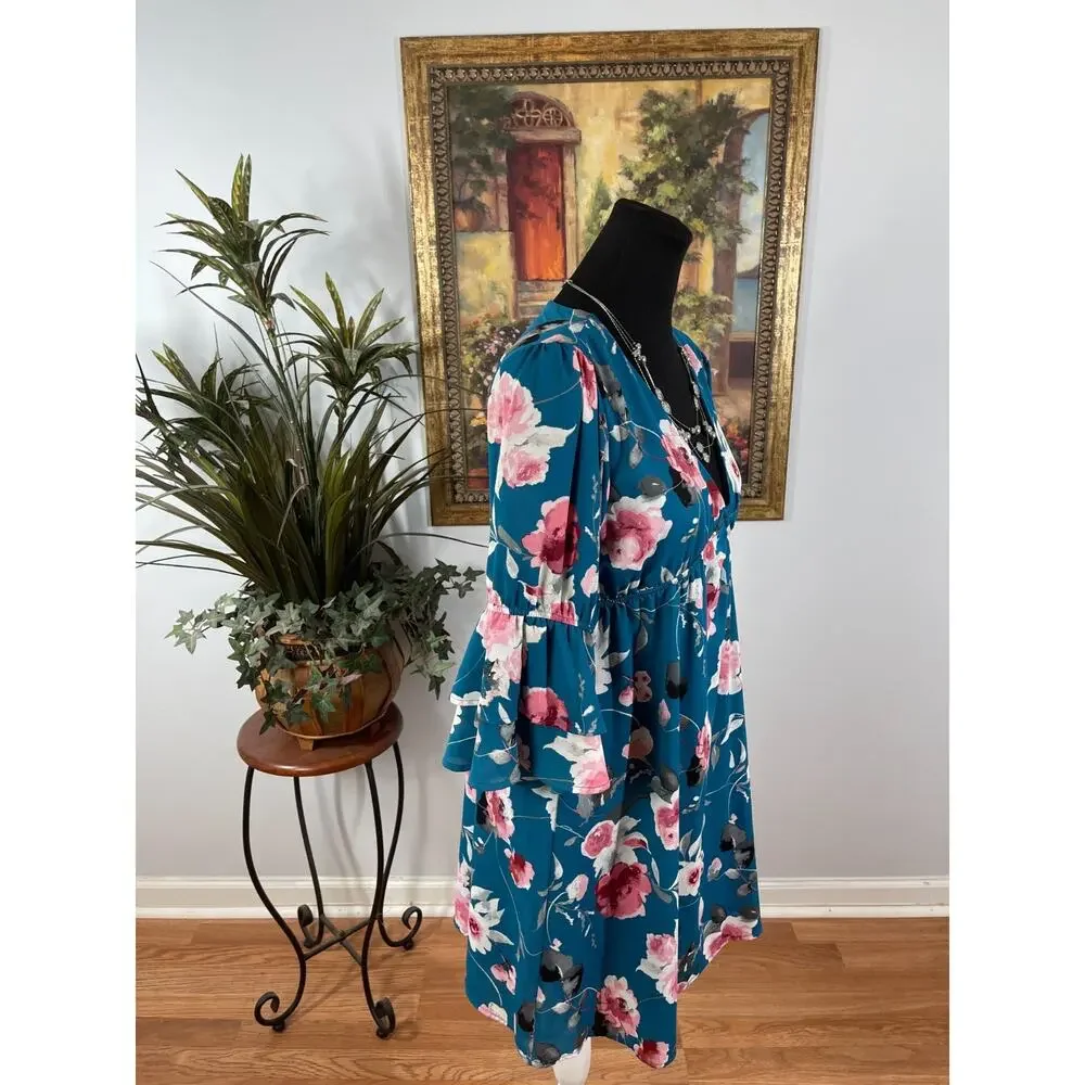 Pink Lily Dress Womens Medium Blue Floral Print Bell Sleeve Cottagecore Boho - Picture 4 of 9